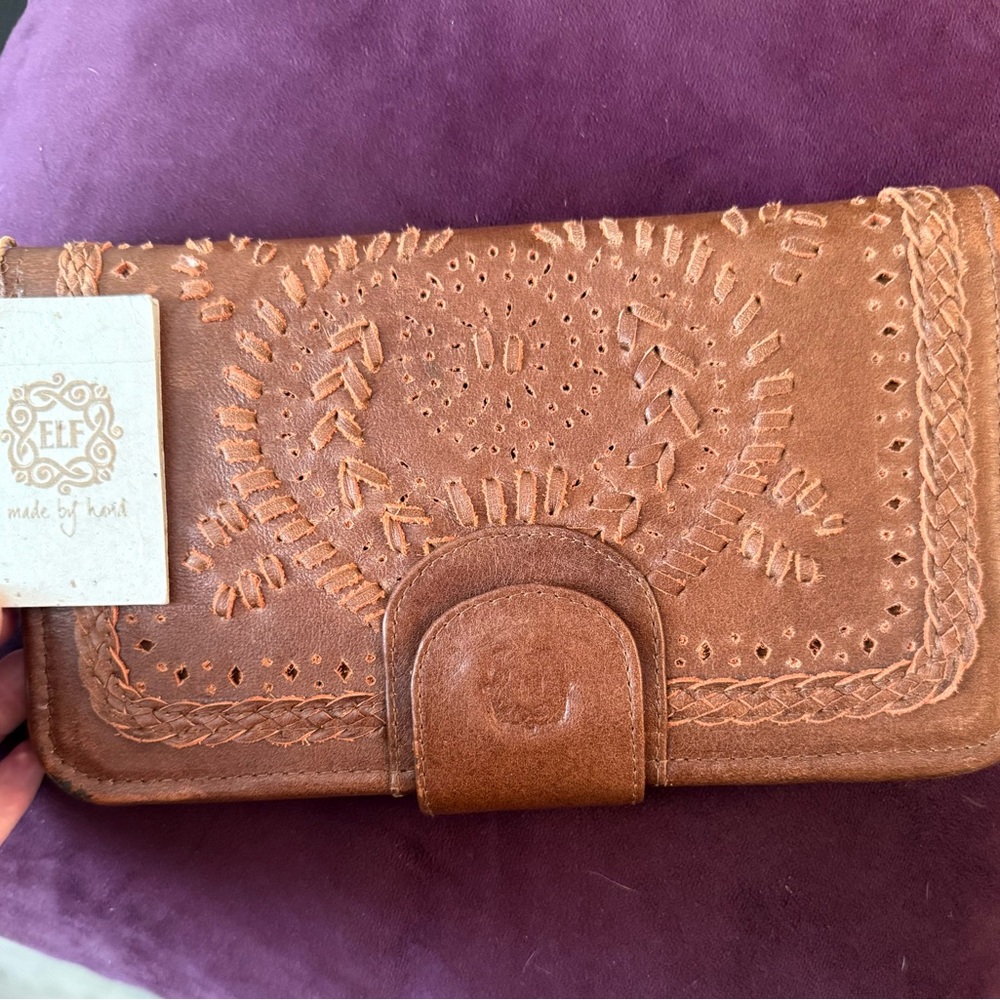 ELF Handmade Genuine Leather Bifold Clutch– Boho Embossed Design, Tan/Brown, NWT
